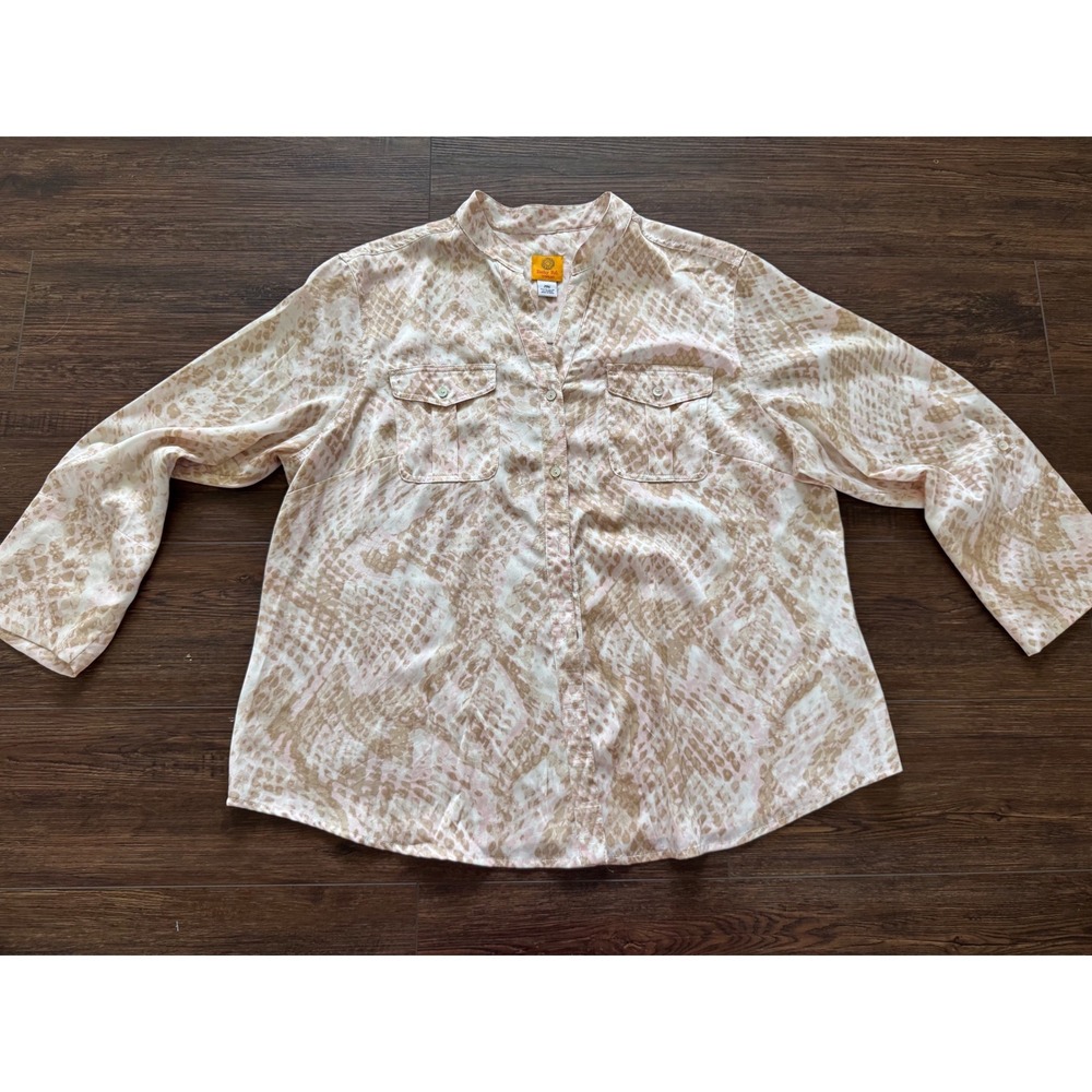 Ruby Rd Womens 20W Snakeskin Print Button Down Blouse Roll Tab Sleeve Tan Pink
